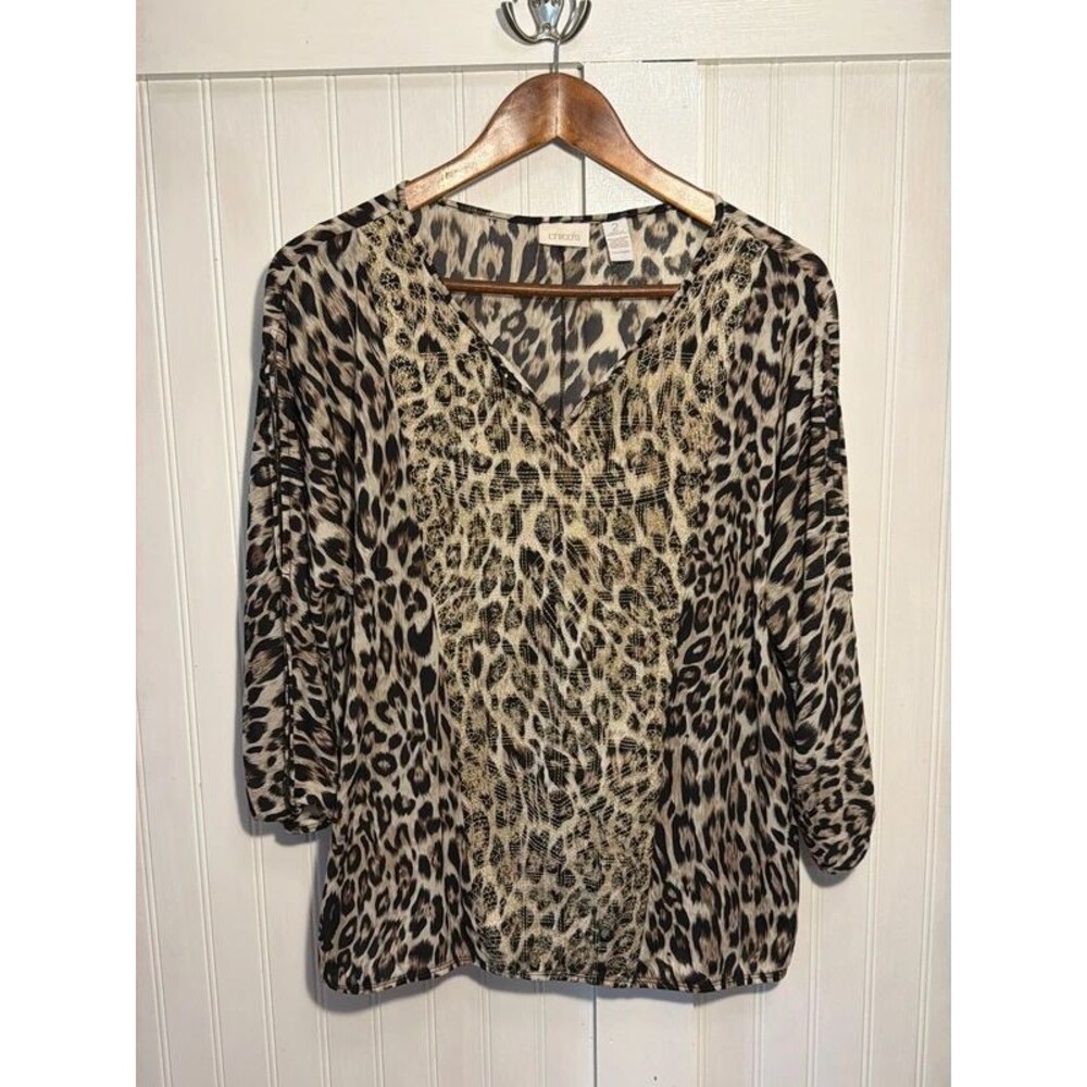 Chicos Sz 2 Blouse women’s animal print leopard cheetah stretch embroidery